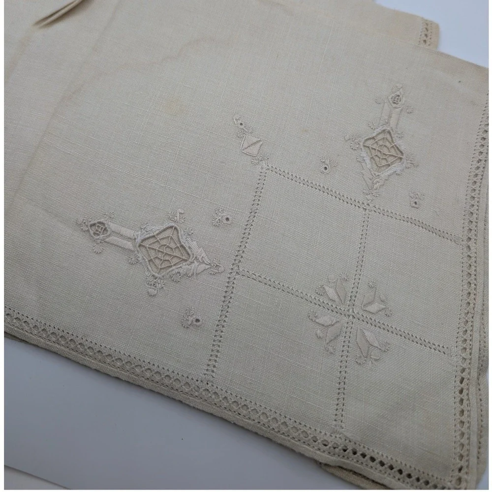 Vtg Set 12 Napkins Beige Linen Embroidered Lace Victorian 16